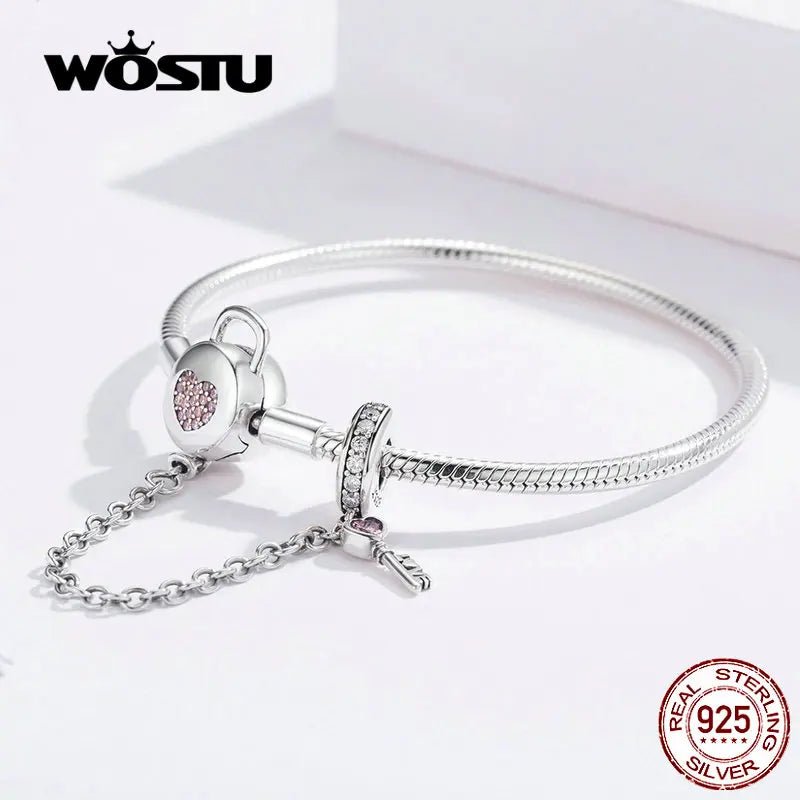 WOSTU 925 Sterling Silver Heart Key Bracelets Pink Zircon Charm Bangle